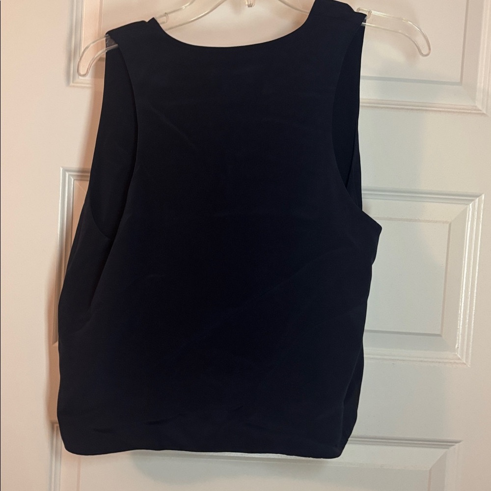 Annie Griffin Navy 100% Silk Open tailored Vest SZ L cropped  work wear casual - Picture 2 of 11